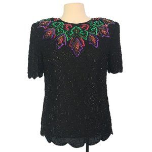 Scala Womens Black Silk Beaded Top, Sequins Wedding, Formal, Evening,‎ Purple M